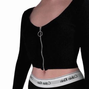 Long Sleeve Ribbed Black Crop Top w/ O-Ring Zip Up Closure